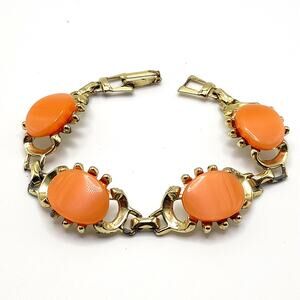 Vintage Orange Moonglow Bracelet, Gold Tone, 7", 1950s